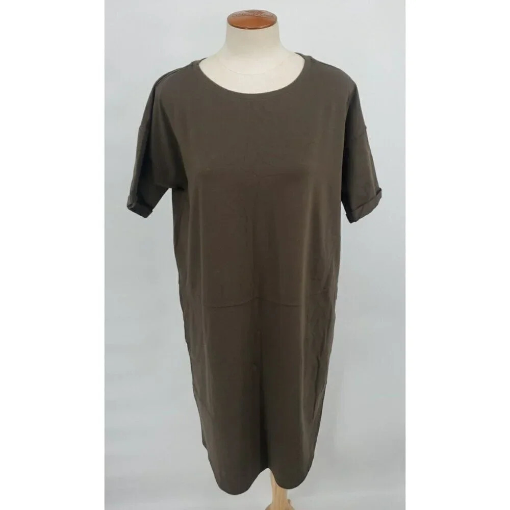 Eileen Fisher Shirt Tunic Dress Womens Green Organic Cotton Spandex Stretch PM
